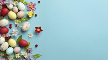 ai generiert Frühling Blumen und bunt Ostern Ei mit Pastell- Blau Hintergrund foto