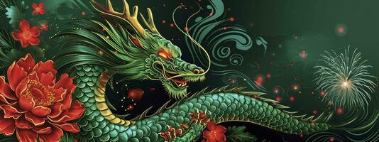 ai generiert Jahr von das Drachen. Chinesisch Neu Jahr. Glückwunsch Banner mit Grün Drachen, rot Blumen und Feuerwerk. foto