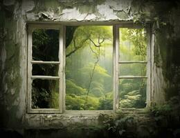 ai generiert modern Haus öffnen Fenster Aussicht Wald Hintergrund foto