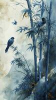 ai generiert Aquarell Bambus Design im Blau und Weiß mit Vögel und Vögel auf ein Weiß Hintergrund, im das Stil von dunkel Gold und grau. foto
