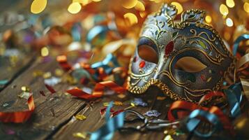 ai generiert Karneval Party. venezianisch Maske mit bunt Streamer und pfeifen foto