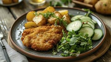 ai generiert klassisch gebraten Schnitzel serviert mit Kartoffel und Gurke Salat auf ein rustikal modern Teller foto