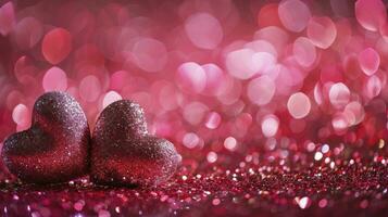 ai generiert zwei Herzen auf Rosa funkeln im glänzend Hintergrund - - Valentinstag Tag Konzept foto