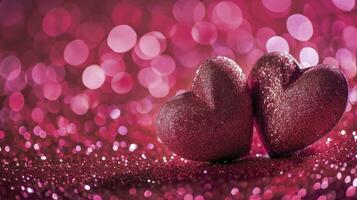ai generiert zwei Herzen auf Rosa funkeln im glänzend Hintergrund - - Valentinstag Tag Konzept foto