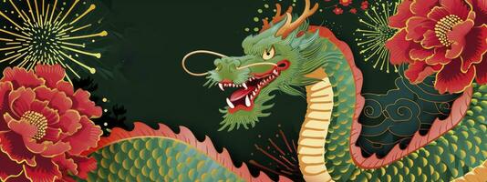 ai generiert Jahr von das Drachen. Chinesisch Neu Jahr. Glückwunsch Banner mit Grün Drachen, rot Blumen und Feuerwerk. foto