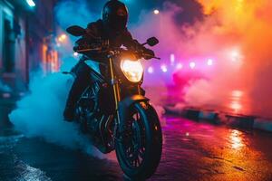 ai generiert Rennfahrer auf ein Motorrad gegen ein Hintergrund von mehrfarbig Rauch foto