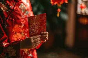 ai generiert Chinesisch Neu Jahr Feier, abgeschnitten Schuss von Hand Empfang rot Umschläge von ihr Elternteil foto