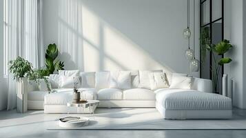 ai generiert Weiß Leben Zimmer Innere Design mit Sofa minimal ästhetisch 3d gerendert foto