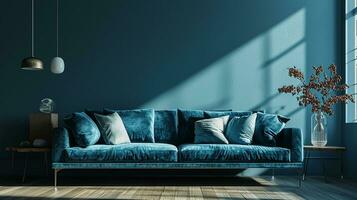 ai generiert Leben Zimmer Innere Design mit Sofa minimal ästhetisch Blau Samt 3d gerendert foto