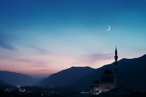 ai generiert ein Moschee im Nacht und Mond im Hintergrund Ramadan kareem Feier foto