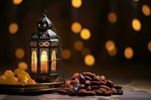 ai generiert Zier Arabisch Laterne glühend zum Muslim heilig Monat Ramadan kareem foto