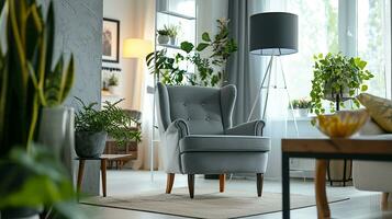 ai generiert Leben Zimmer Innere Design mit Sessel minimal ästhetisch 3d gerendert foto