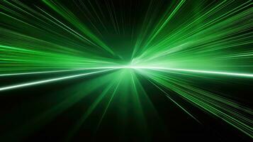 ai generiert abstrakt Grün Strahlen auf ein schwarz Hintergrund mit ein Geschwindigkeit Bewegung verwischen foto