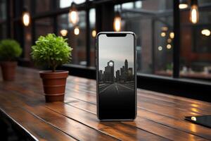 ai generiert Smartphone auf das Tabelle foto