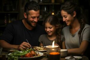 ai generiert glücklich Latein Familie Sitzung, haben ein Abendessen und lächelnd zusammen. Porträt beim Nacht foto