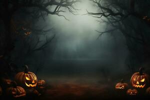 ai generiert Halloween Kürbisse im Friedhof auf das gespenstisch Nacht. Halloween Hintergrund Konzept. hoch Qualität Foto