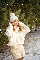 ziemlich stilvoll jung Frau im Wald. schneebedeckt Wetter. hoch Qualität Foto