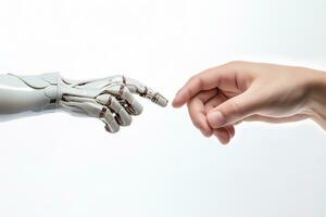 ai generiert Mensch Hand berühren Roboter Finger auf Weiß Hintergrund. hoch Qualität Foto