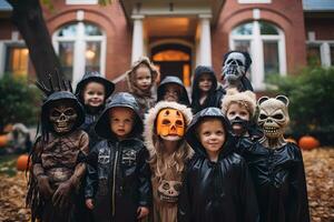 ai generiert Gruppe von Kinder im Kostüme während Halloween Party in der Nähe von modern Haus. hoch Qualität Foto