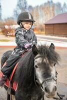 wenig süß Mädchen Reiten ein wenig Pferd oder Pony im das Winter im Feld im das Winter. hoch Qualität Foto