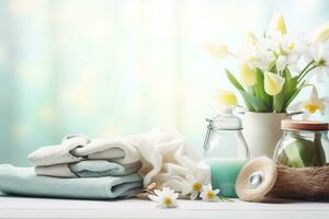 ai generiert Öko-chic Wäsche Umarmen organisch Waschmittel zum ein Frühling sauber foto