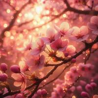ai generiert hyper realistisch sakamura Kirsche blühen Baum Blätter japanisch Festival Morgen Tau Osaka Tokyo foto