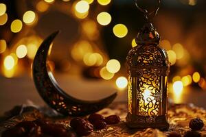ai generiert Zier Arabisch Laterne mit Verbrennung Kerze glühend beim Nacht Einladung zum Muslim heilig Monat Ramadan kareem foto