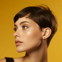 ai generiert Nahansicht Mode Studio Foto von ein elegant braunhaarig Frau mit ein modisch kurz Haarschnitt isoliert Über Gelb Hintergrund