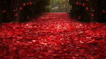 ai generiert rot Rose Blütenblätter fallen auf das Boden im das Wald. rot Hintergrund foto