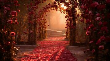 ai generiert schön Gasse im das Park mit rot Rose Blütenblätter im Herbst foto