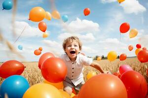 ai generiert Ballon Raserei Kinder froh Verfolgungsjagd im ein öffnen Feld foto