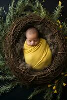 ai generiert gemütlich Nestling Neugeborene Fotoshooting im Natur inspiriert Rahmen foto