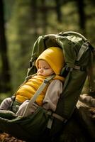 ai generiert Weg Träume Baby Nickerchen machen im Komfort auf ein Wanderung foto