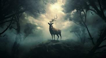 ai generiert ein Hirsch steht unter ein Himmel von Bäume um das Wald foto