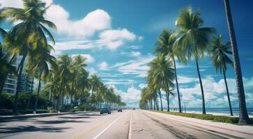 ai generiert Miami Strand Szene, Miami Straße mit Palmen, Palmen im das Miami foto