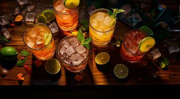 ai generiert Glas von alkoholisch trinken auf das Tabelle mit Eis, alkoholisch trinken, alkoholisch Hintergrund, Alkohol trinken mit Eis auf Tabelle foto