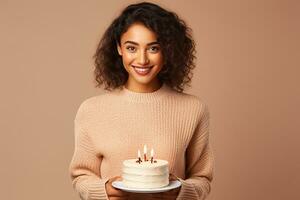 ai generiert Porträt von ein schön jung Frau lächelnd mit Kuchen auf isoliert Hintergrund generativ ai foto