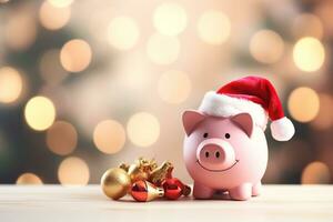 ai generiert Schweinchen Bank mit Santa Hut zum Weihnachten Ausgaben Budget und Geld Verwaltung foto