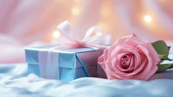 ai generiert Rosa Rose und ein Blau Geschenk Box mit Weiß Bogen. glücklich Valentinstag Tag Gruß Karte Konzept. ai generiert Bild foto