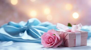 ai generiert Rosa Rose und ein Blau Geschenk Box mit Weiß Bogen. glücklich Valentinstag Tag Gruß Karte Konzept. ai generiert Bild foto