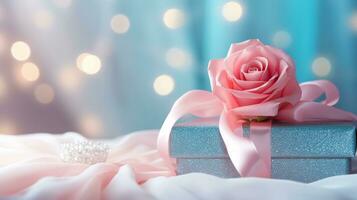 ai generiert Rosa Rose und ein Blau Geschenk Box mit Weiß Bogen. glücklich Valentinstag Tag Gruß Karte Konzept. ai generiert Bild foto