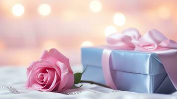 ai generiert Rosa Rose und ein Blau Geschenk Box mit Weiß Bogen. glücklich Valentinstag Tag Gruß Karte Konzept. ai generiert Bild foto