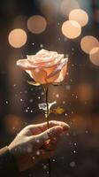 ai generiert Mann Hand halten ein Rose, Sanft Champagner Farbe Hintergrund mit Bokeh. glücklich Valentinstag Tag Karte Konzept. ai generiert Bild foto