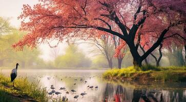 ai generiert Herbst im das Park, Bäume im das Park, Herbst Saison, Herbst Szene im das Park, schön Bäume im Herbst foto