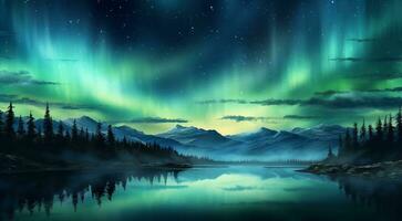 ai generiert Landschaft mit Wolken und Sterne, sternenklar Nacht, Polar- Beleuchtung foto