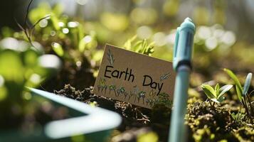 ai generiert Text Erde Tag geschrieben mit ein Marker auf ein klebrig Hinweis im ein Garten foto