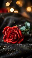 ai generiert rot Rose auf das Seide Bettdecke. glücklich Valentinstag Tag Gruß Karte Konzept. ai generiert Bild foto