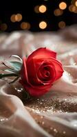 ai generiert rot Rose auf das Seide Bettdecke. glücklich Valentinstag Tag Gruß Karte Konzept. ai generiert Bild foto