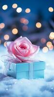 ai generiert Rosa Rose und ein Blau Geschenk Box mit Weiß Bogen. glücklich Valentinstag Tag Gruß Karte Konzept. ai generiert Bild foto