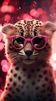 ai generiert Super süß Gepard im Liebe tragen Herz gestalten Rosa Brille. glücklich Valentinstag Tag Gruß Karte Konzept. ai generiert Bild foto